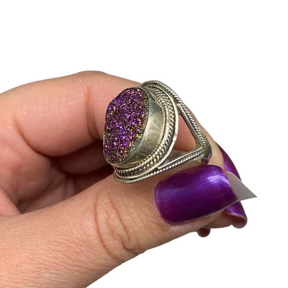 Purple Druzy Ring Solid Sterling Silver 925 Size 6 Natural Stone Oval Boho - Picture 6 of 9